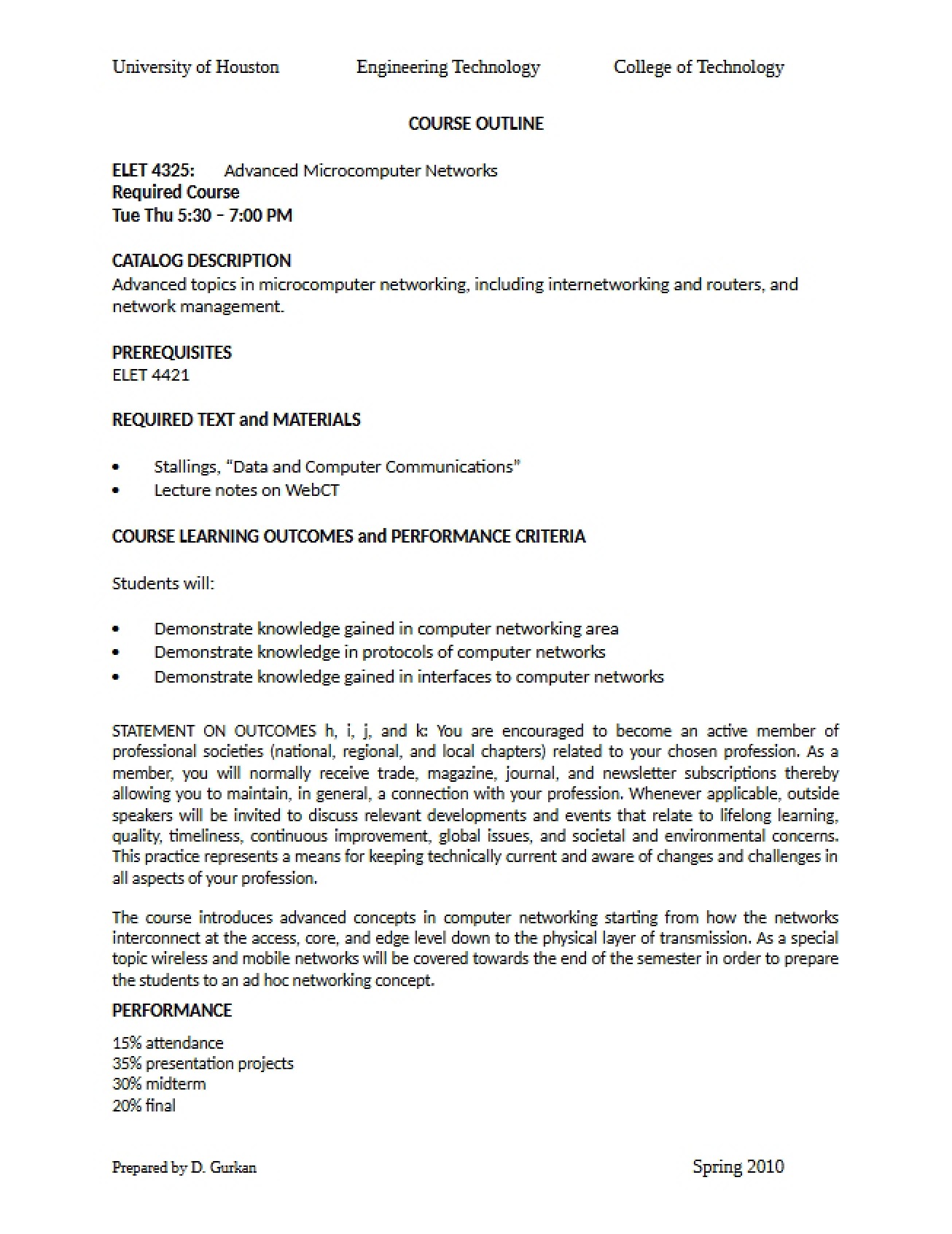 Advanced Microcomputer Networks Outline 1