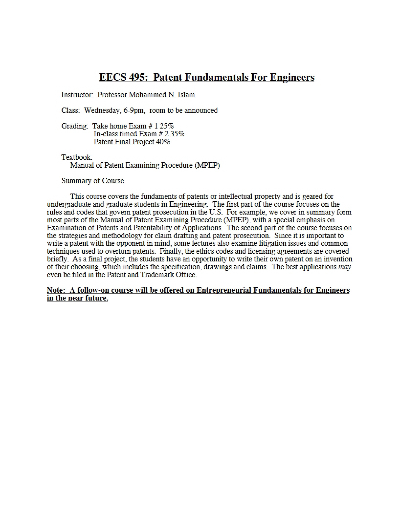 Course Syllabus for Patent Fundamentals