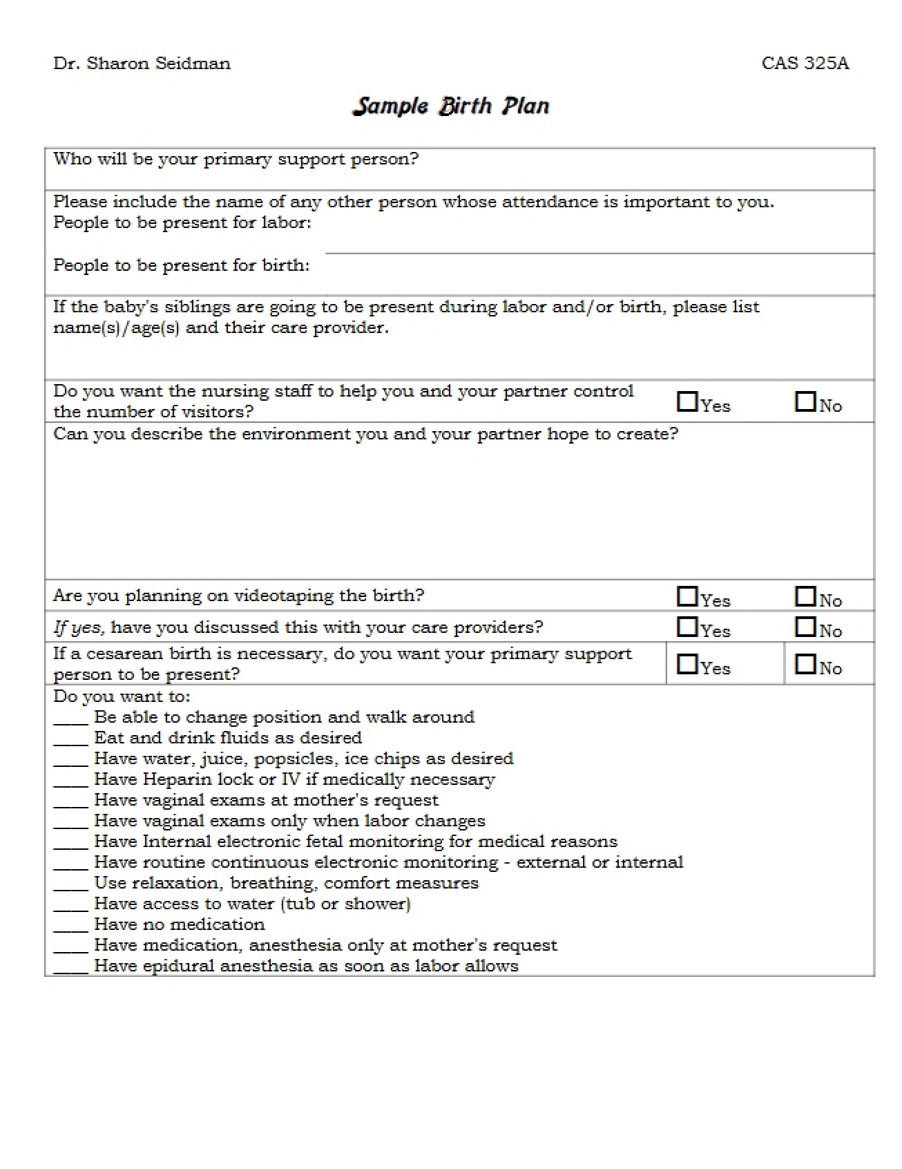 Birth Plan Example