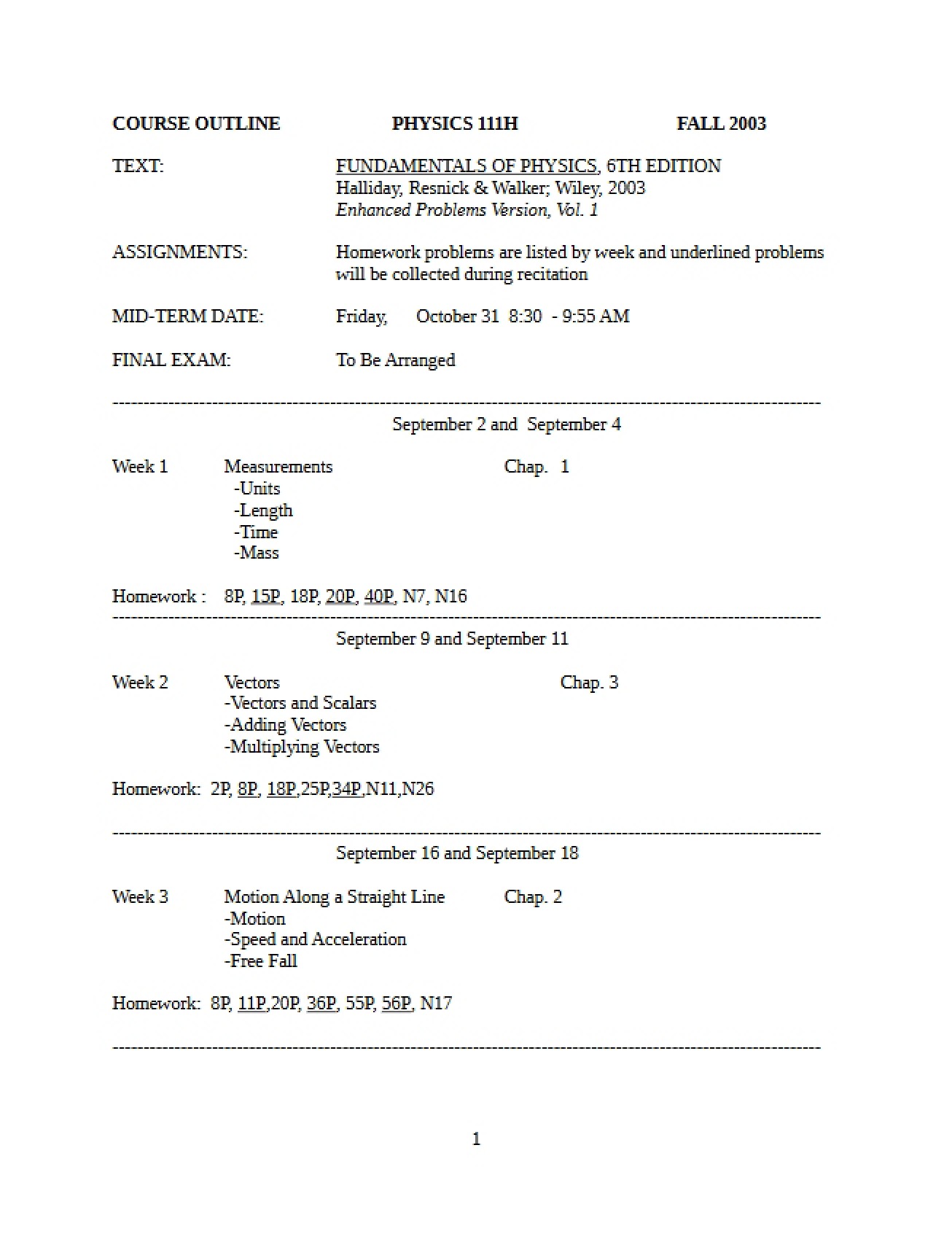 Info for Physics I Course