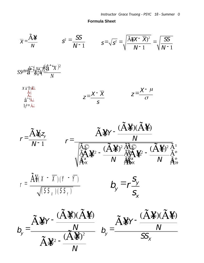 Statistical Formulas and Calculations for PSYC 218
