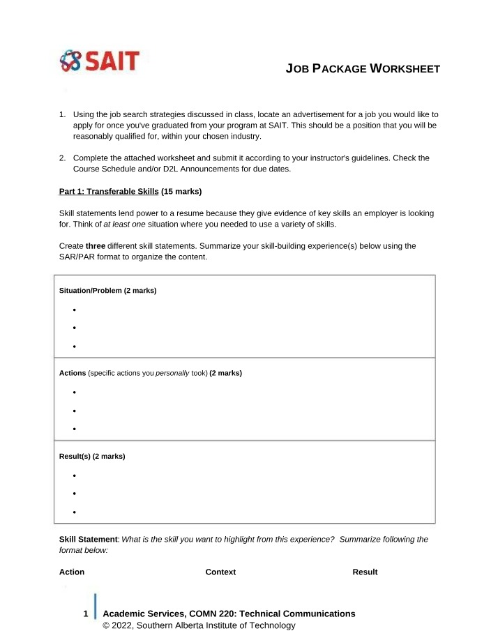 Job Package Worksheet Final