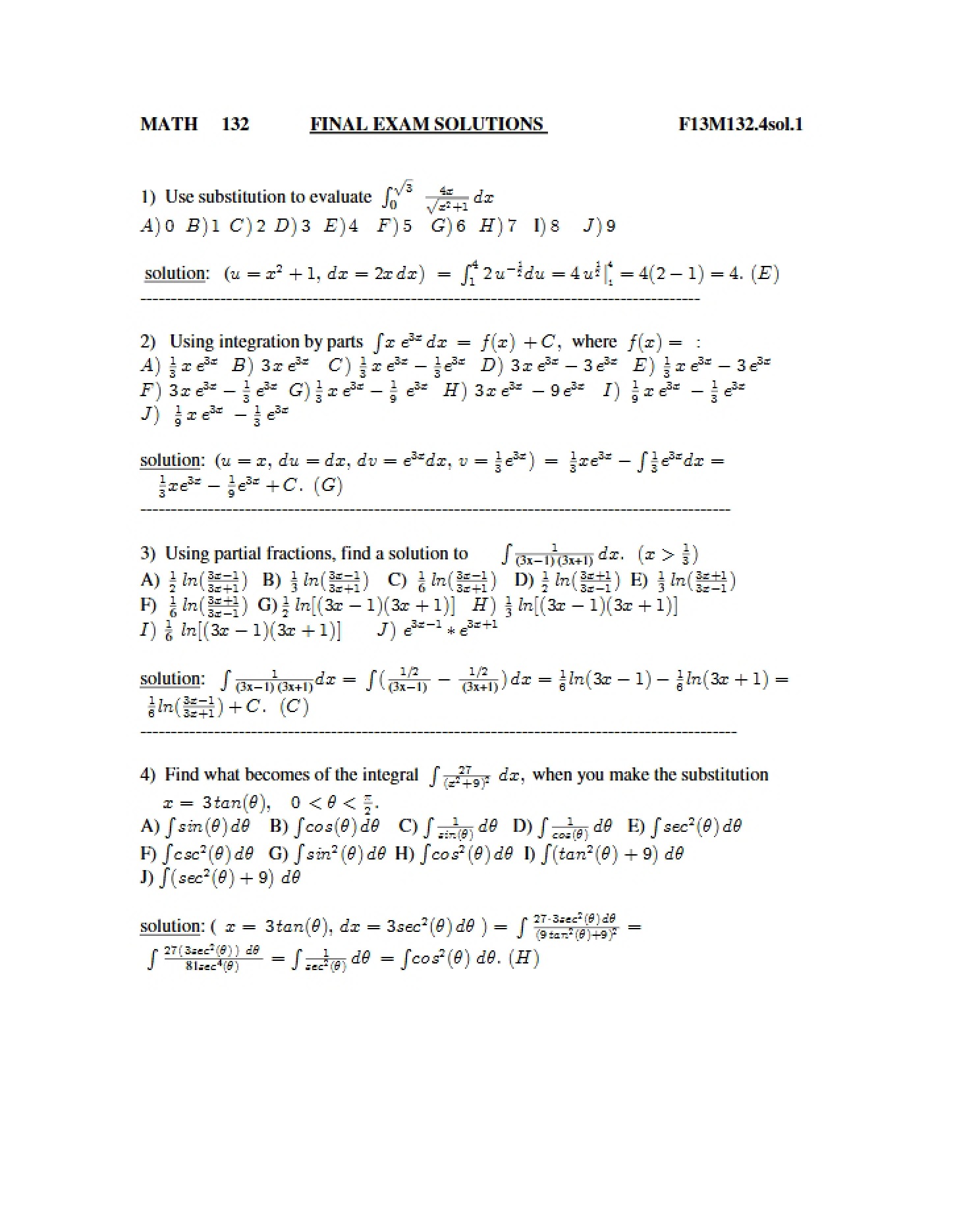 Math 132 Fall 2013 Exam 4 Key