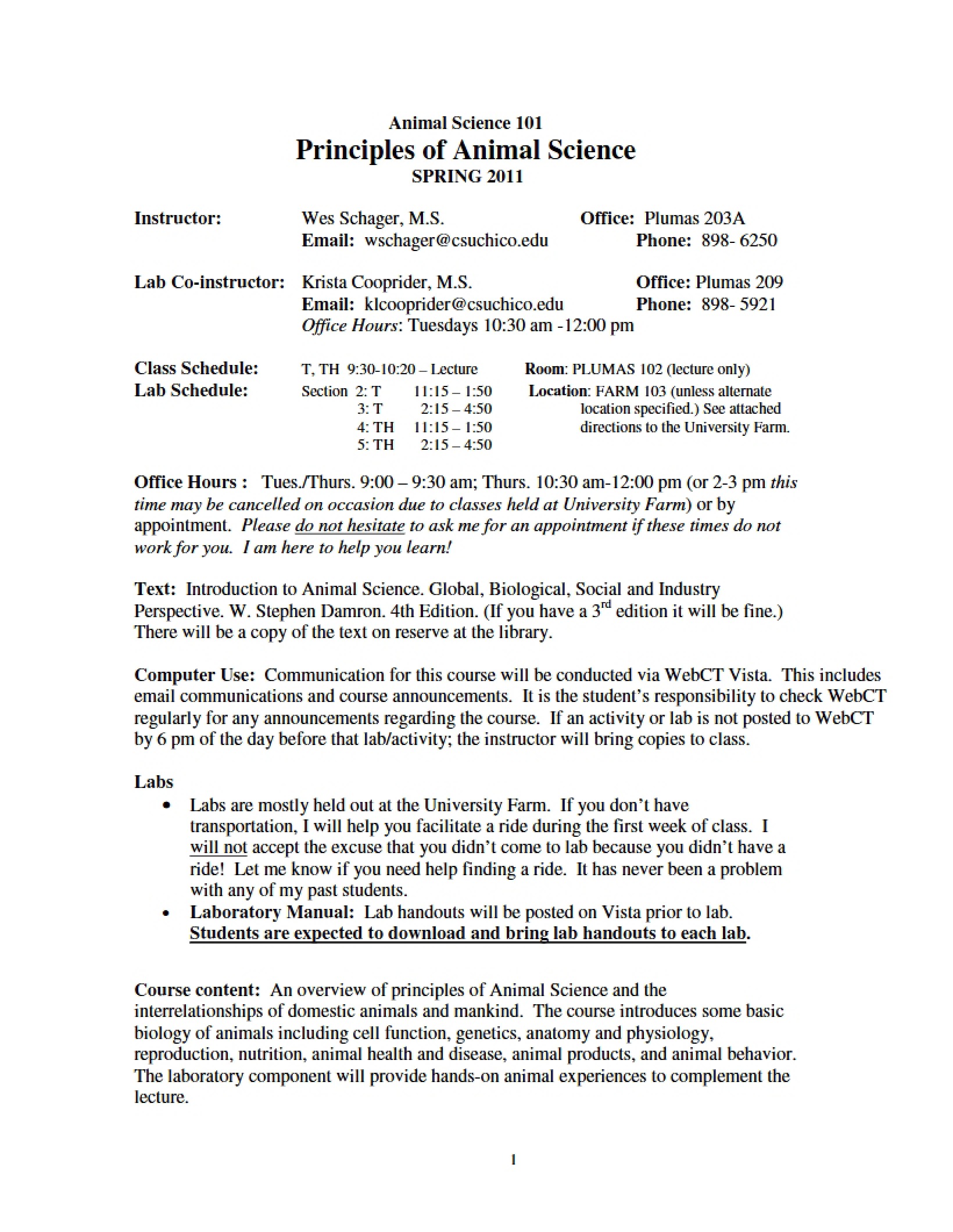 Syllabus for Introduction to Animal Science