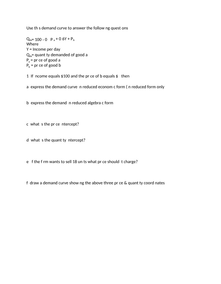 Worksheet on Demand Equations
