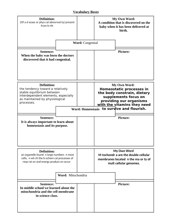 Congenital Conditions and Homeostasis - Vocabulary Boxes