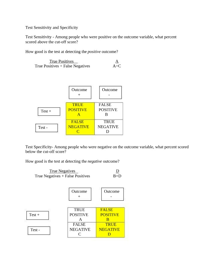 Test Sensitivity and Specificity Handout - Decision Theory and Test Validity