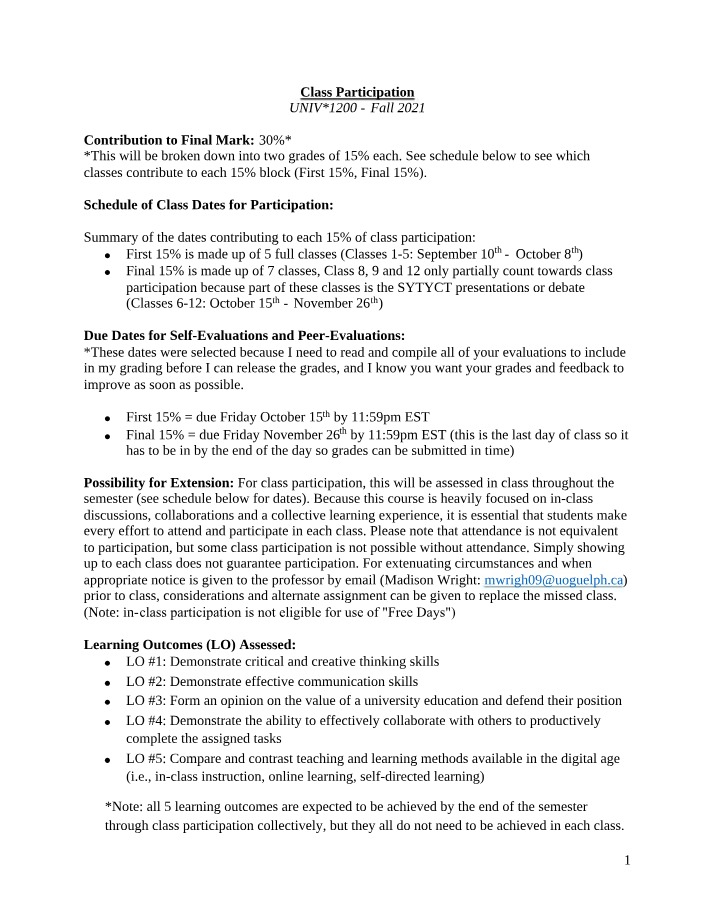 Class Participation Instructions and Grading Scheme