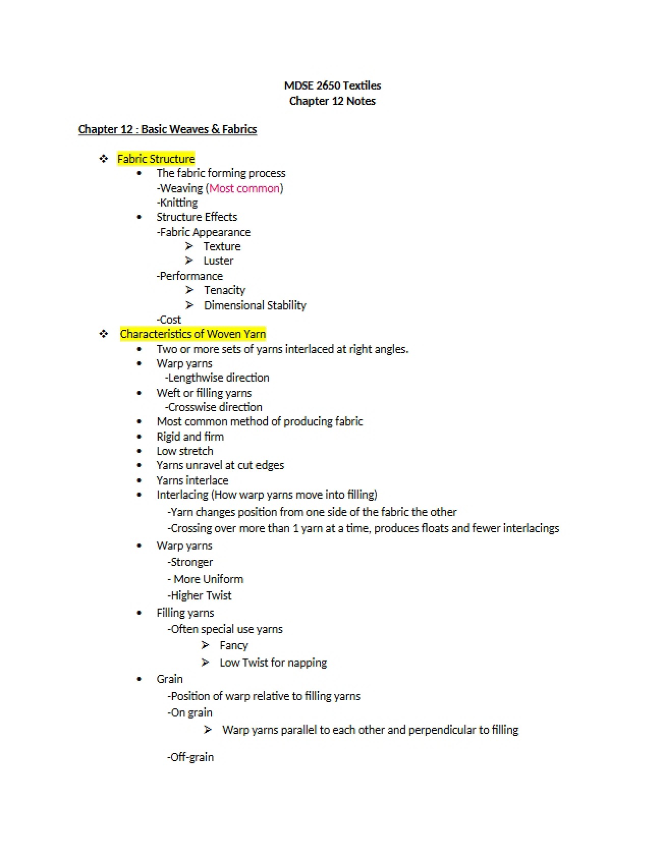 Basic Weaves Notes Chapter 12