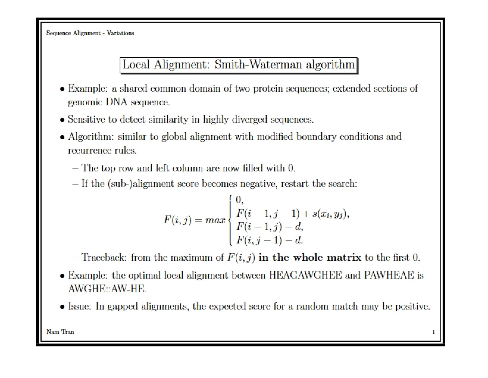 Smith-Waterman Algorithm for Local Alignment
