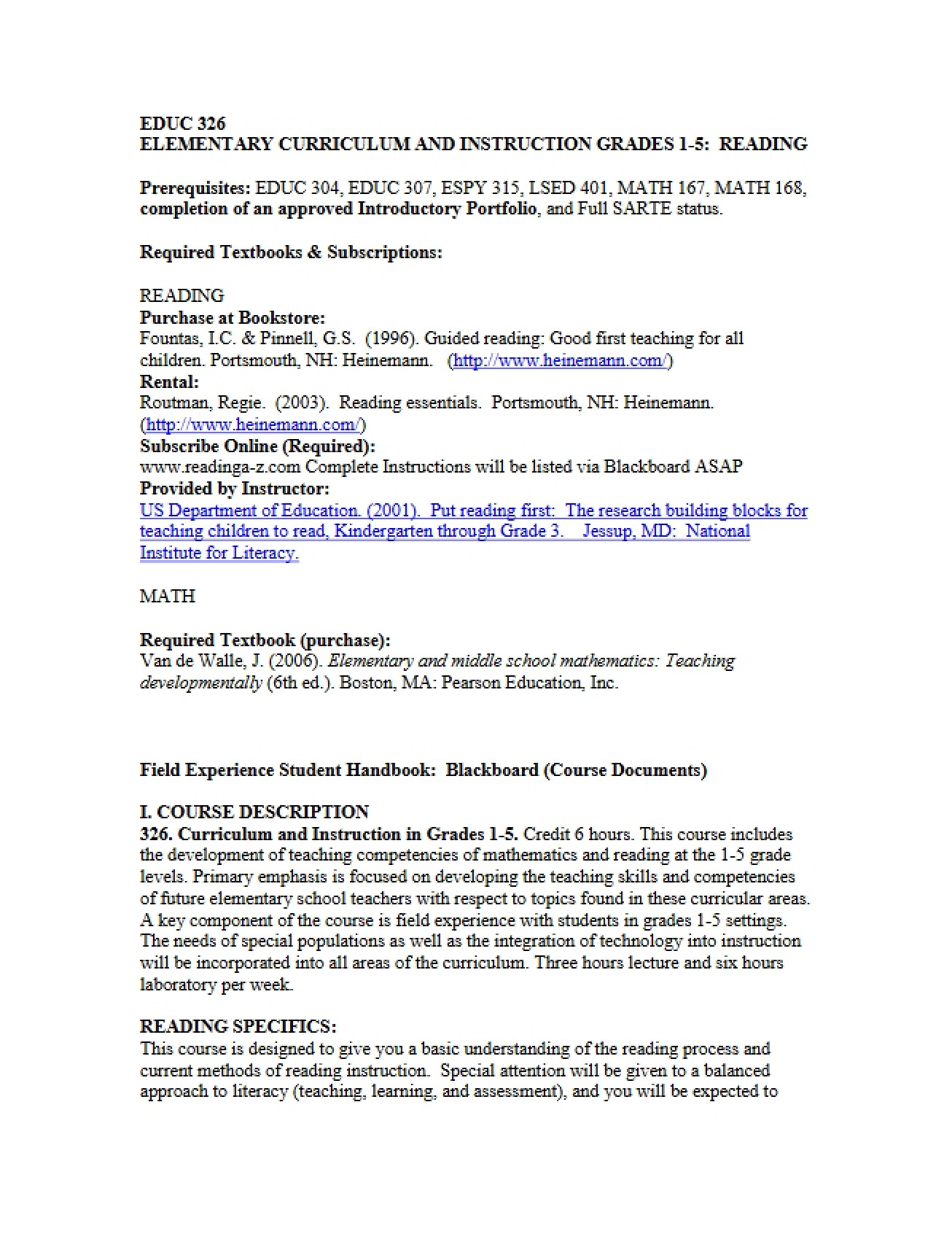 Syllabus for a Curriculum and Instruction in Grades 1-5 Course