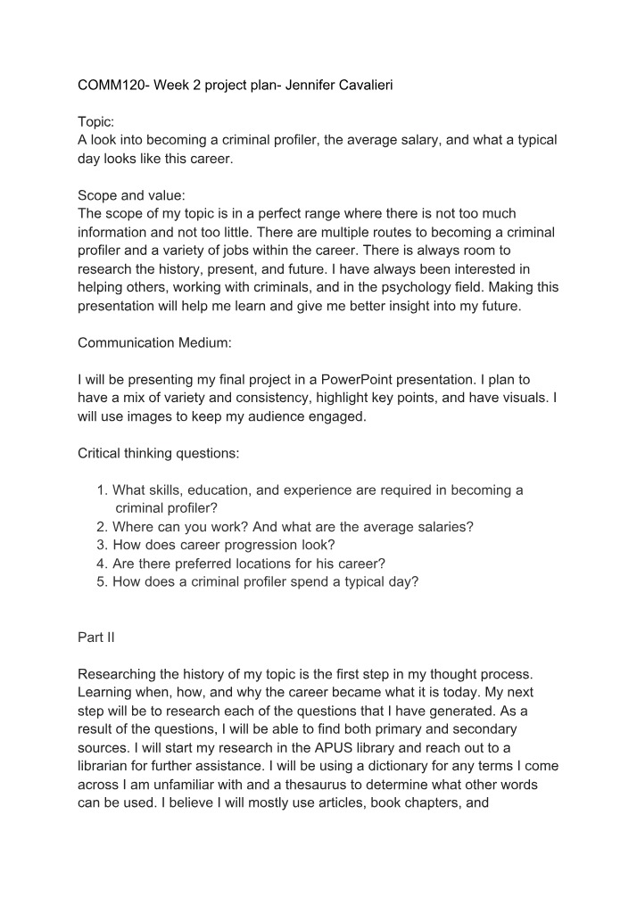 Week 2 Project Plan - COMM120