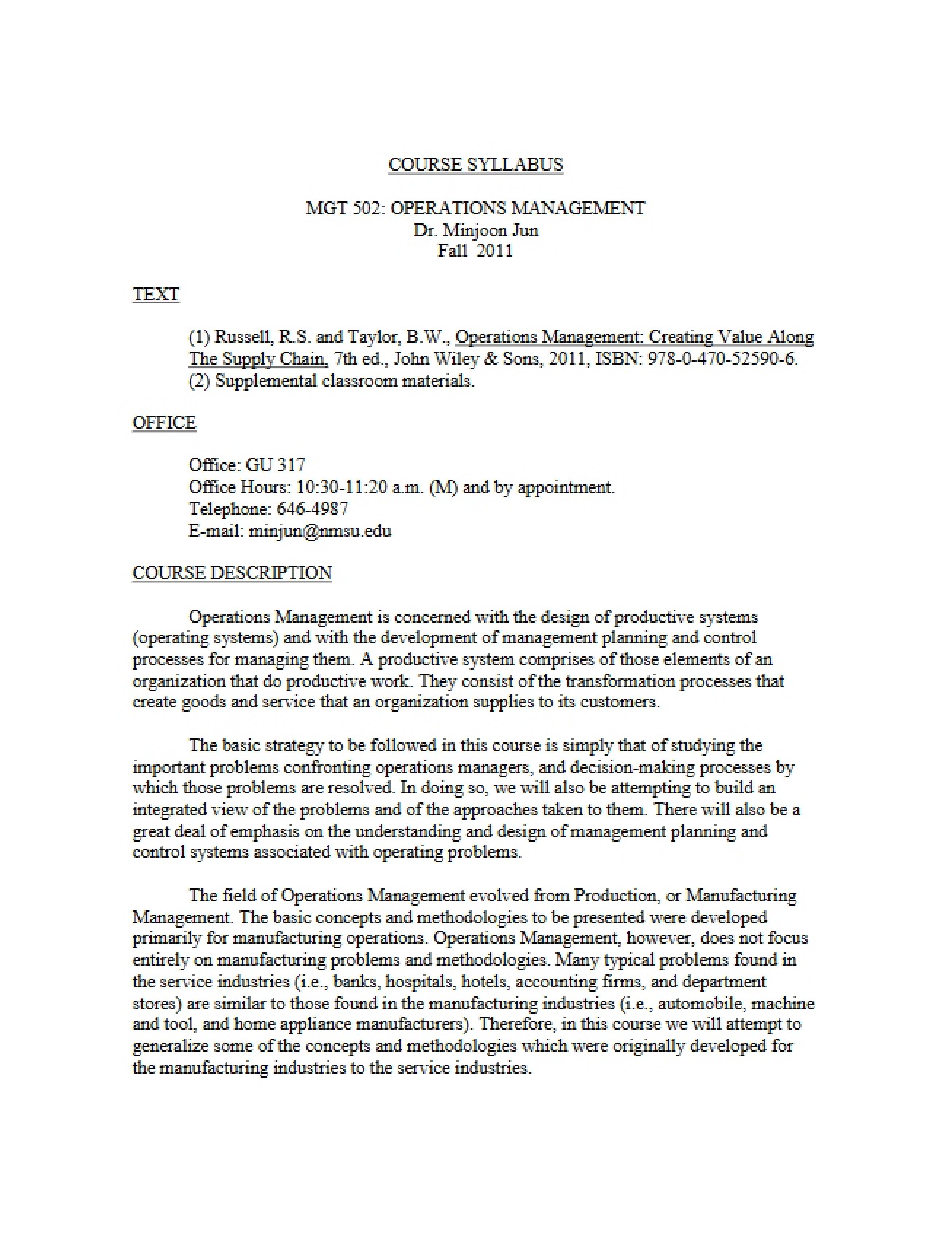 Operations Management Syllabus - Fall 2011 - Jun (MGT 502)