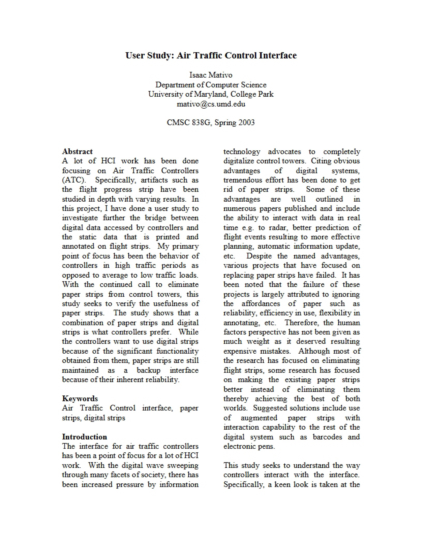 Air Traffic Control Interface User Study
