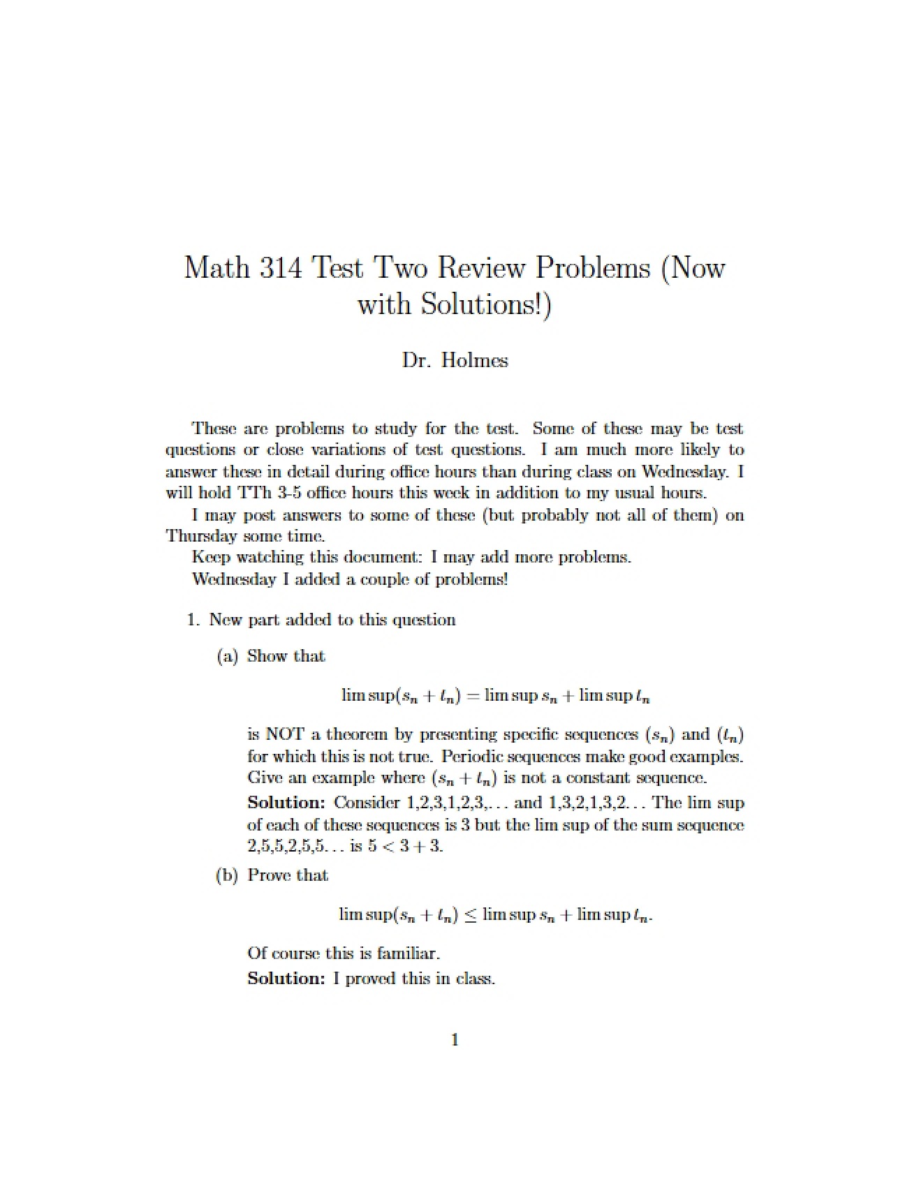 Review Problems for the Second Test in Foundations of Analysis