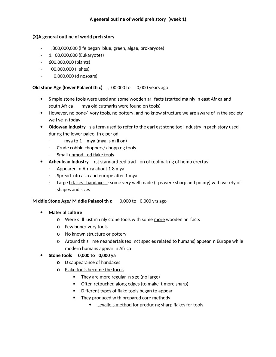 World Prehistory - Outline for Week 1