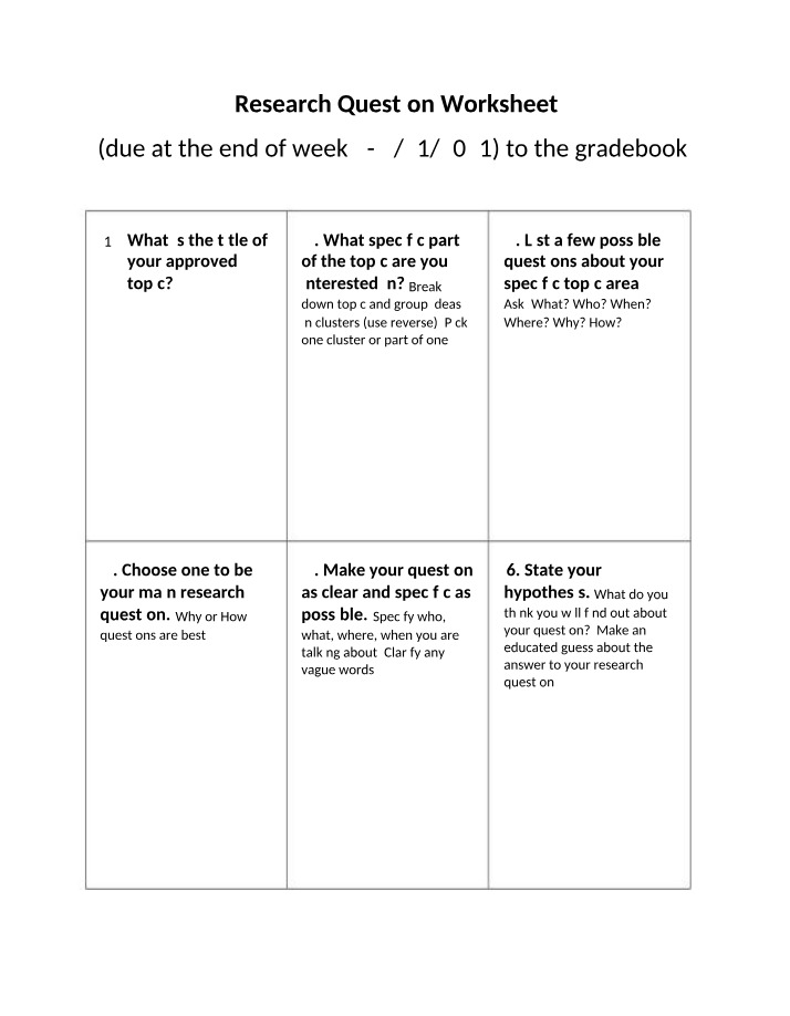 Worksheet for Research Questions