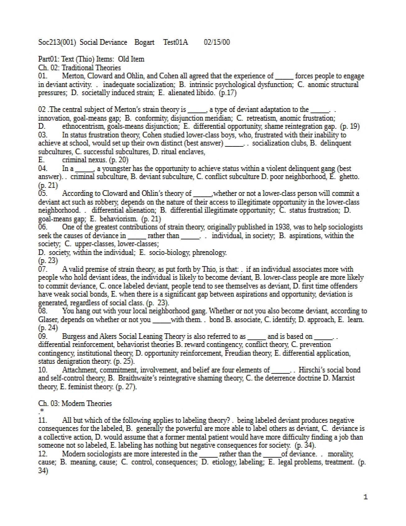 Examination 1 (Form A) for Deviance