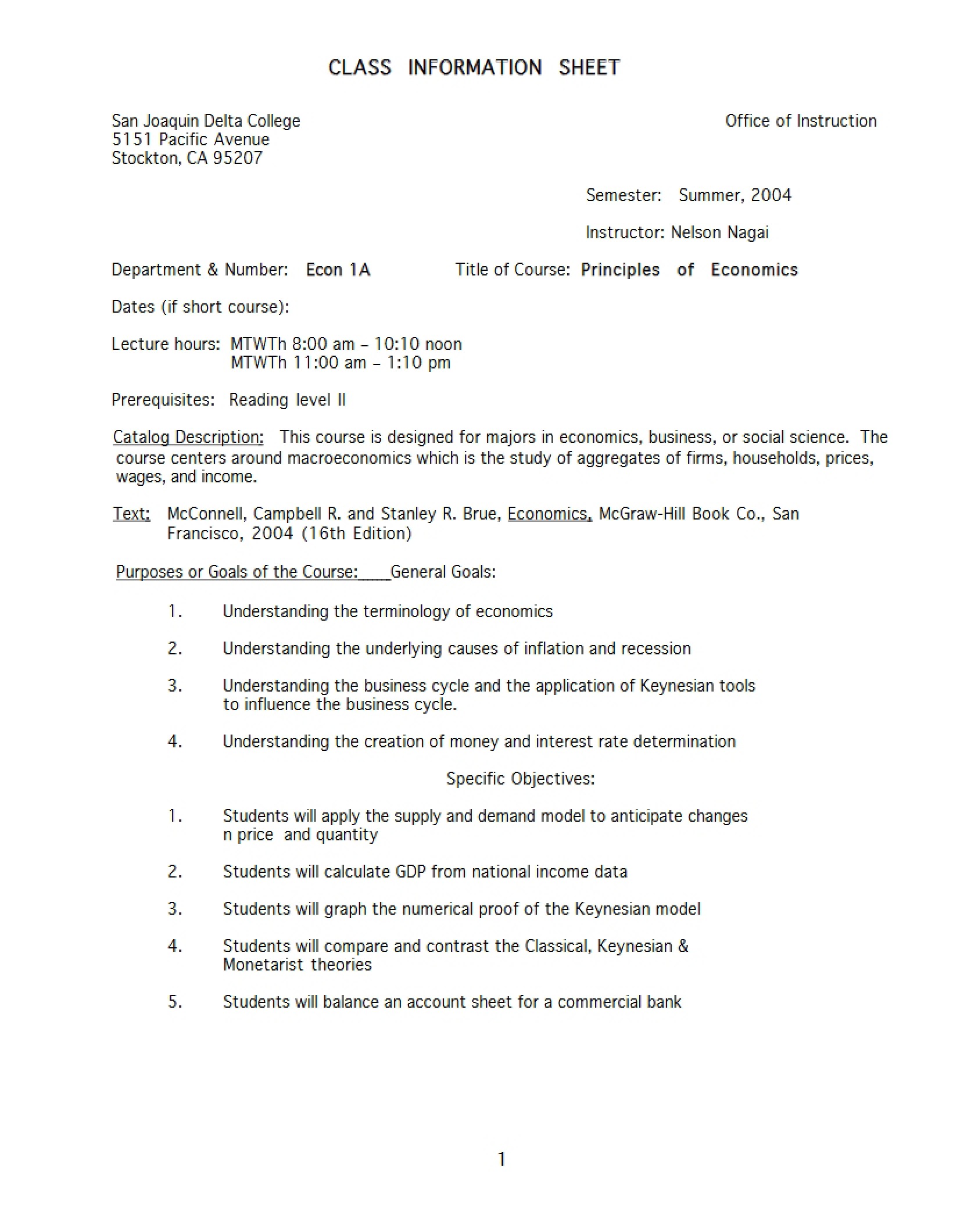 Macroeconomics Class Information Sheet