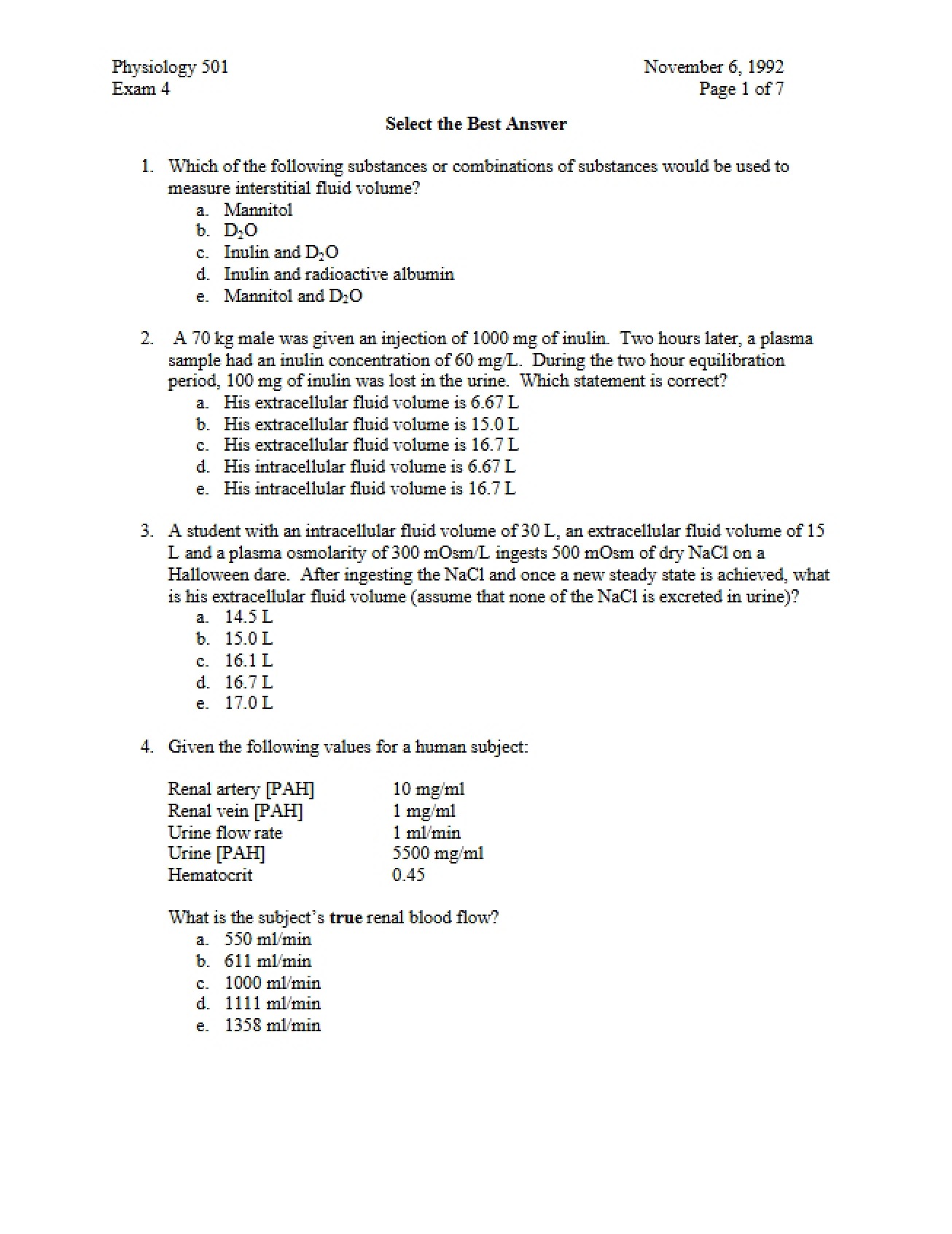 Fifth Physiology Exam (1992)