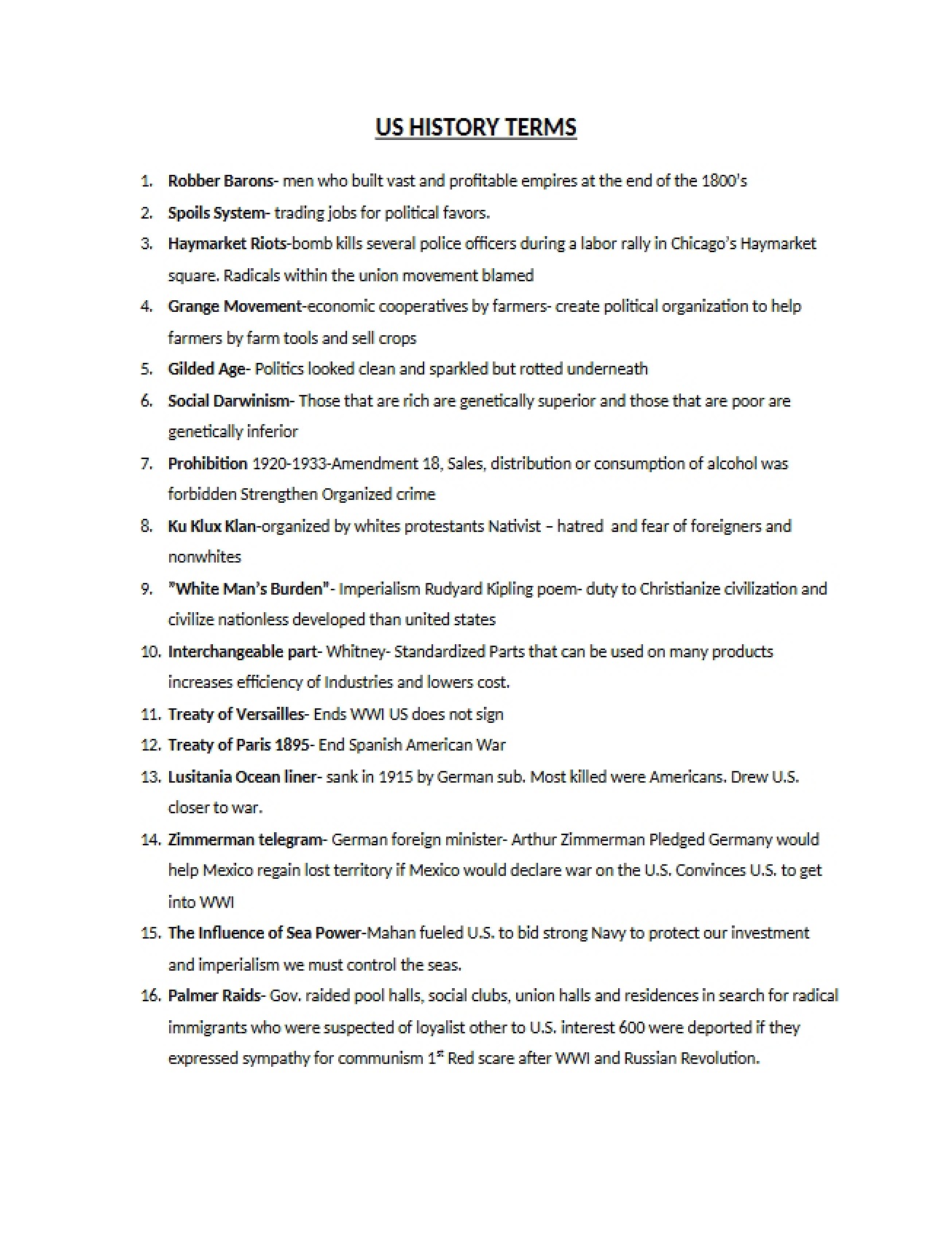 US History Terms - 2 Pages