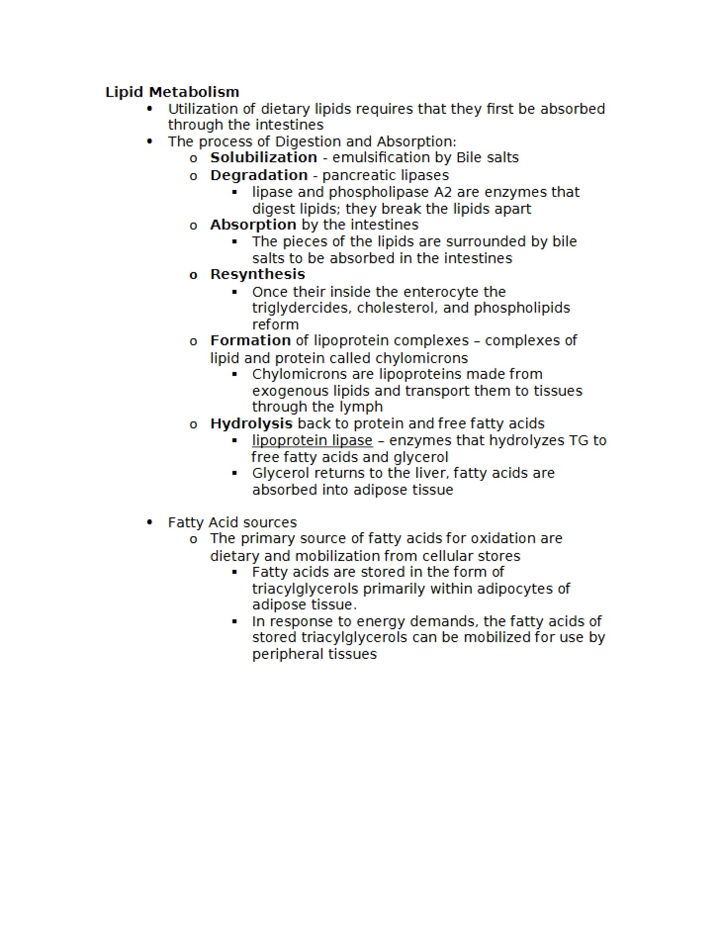 Metabolic Pathways and Breakdown of Lipids