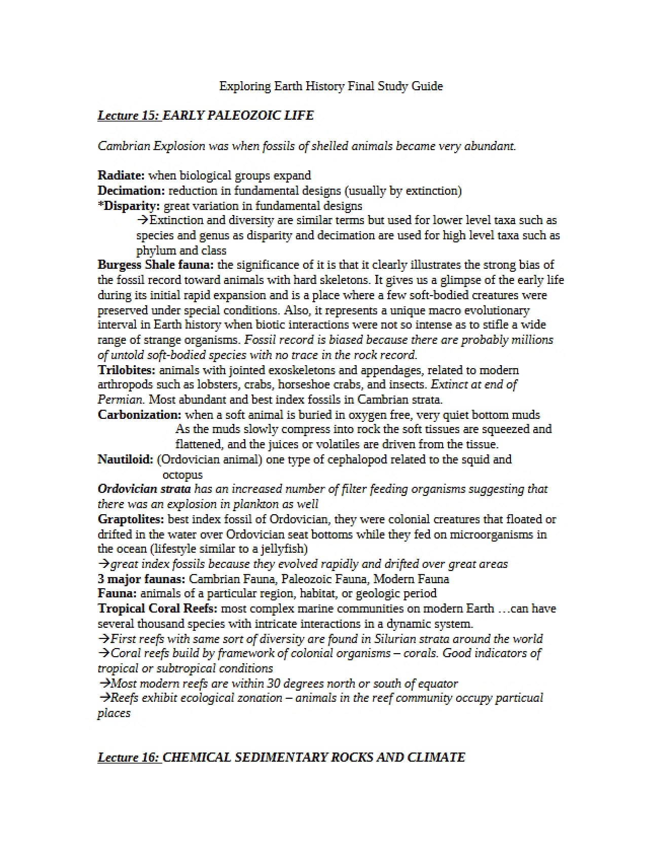 Final Study Guide for Exploring Earth History