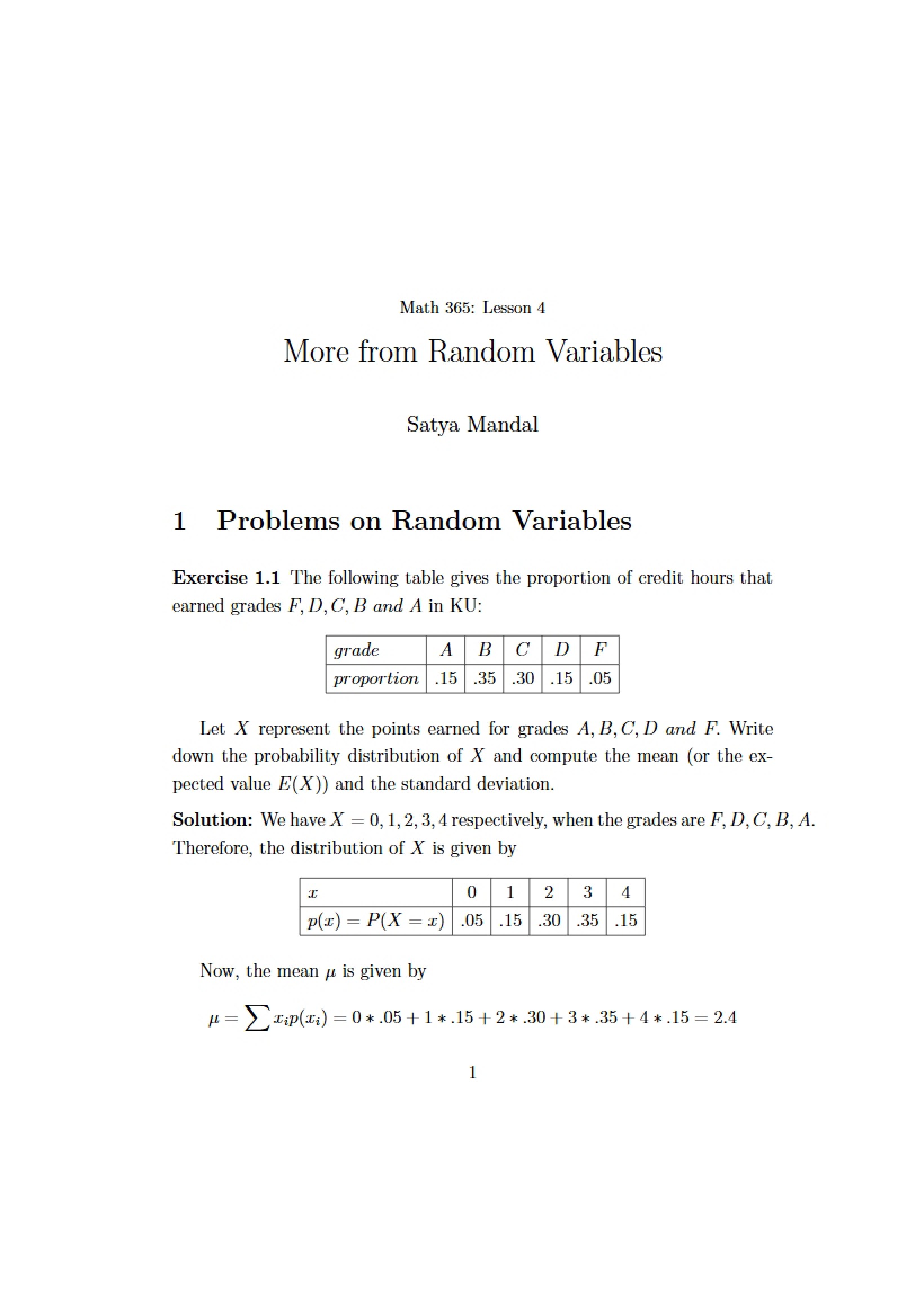 Random Variables Continued