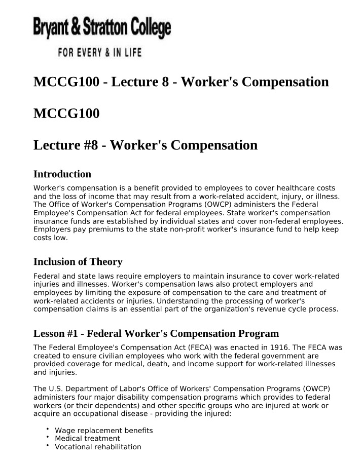 Workers Compensation and Wrap Up - MCCG100 Lecture 8