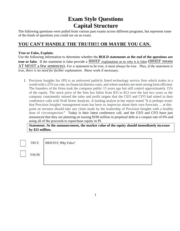 Exam Style Questions on Capital Structure and Market Value Analysis