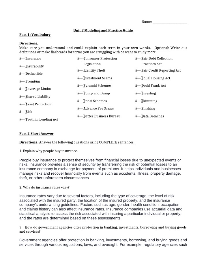 Vocabulary for Insurance and Consumer Protection