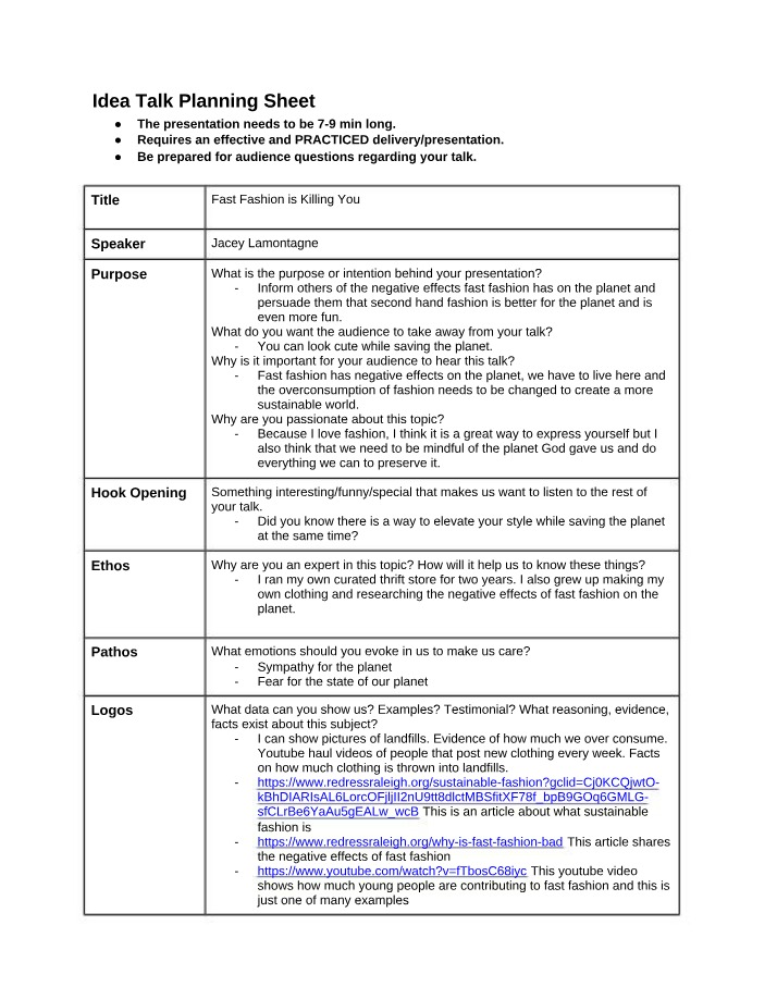 Planning Sheet for Idea Talk