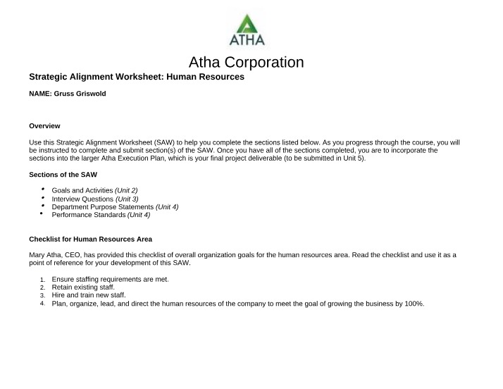Worksheet - Human Resources Strategic Alignment