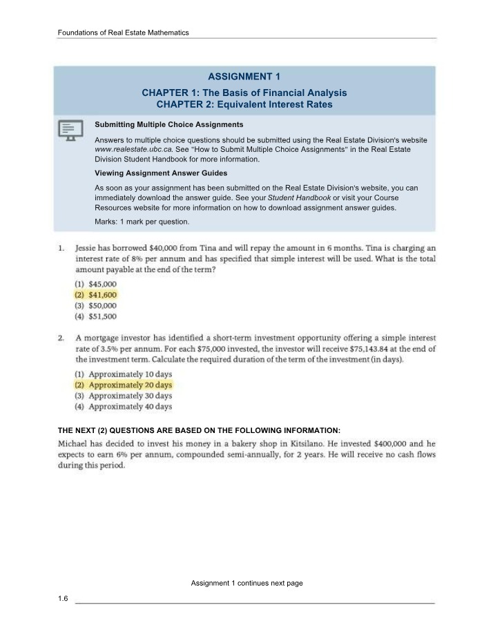 Assignment 1 - Foundations of Real Estate Mathematics