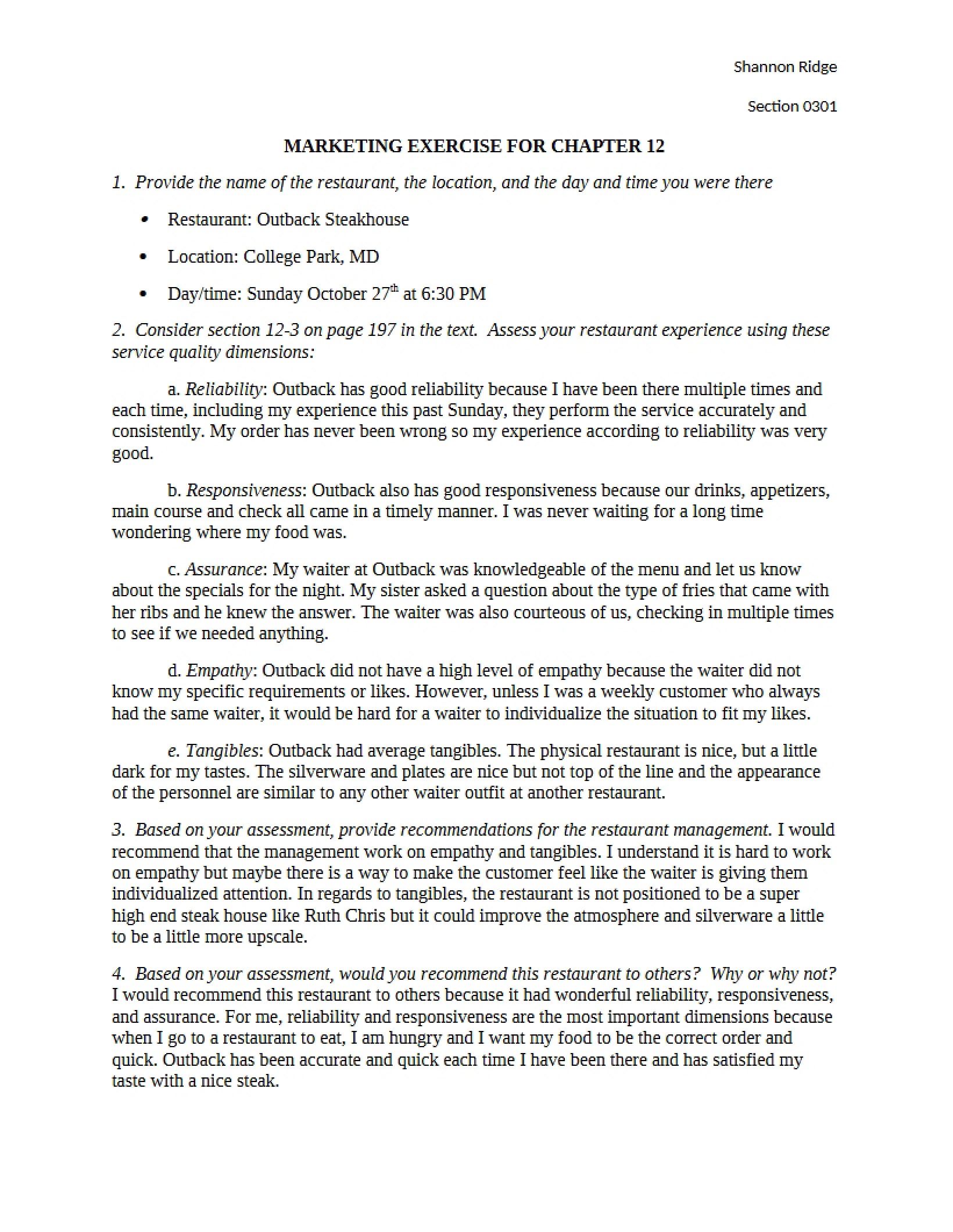 Chapter 12 Marketing Exercise