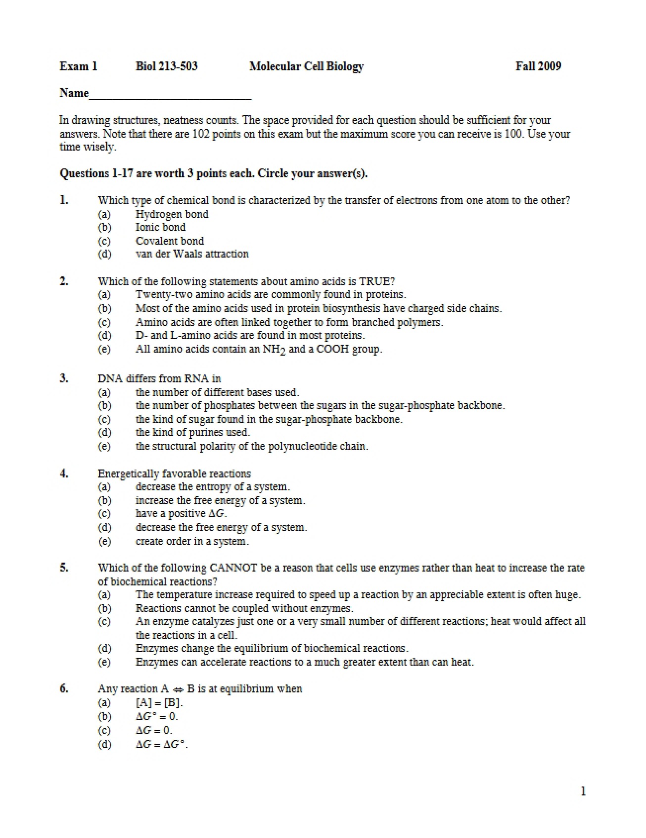 Examination from 2009 for Molecular Cell Biology