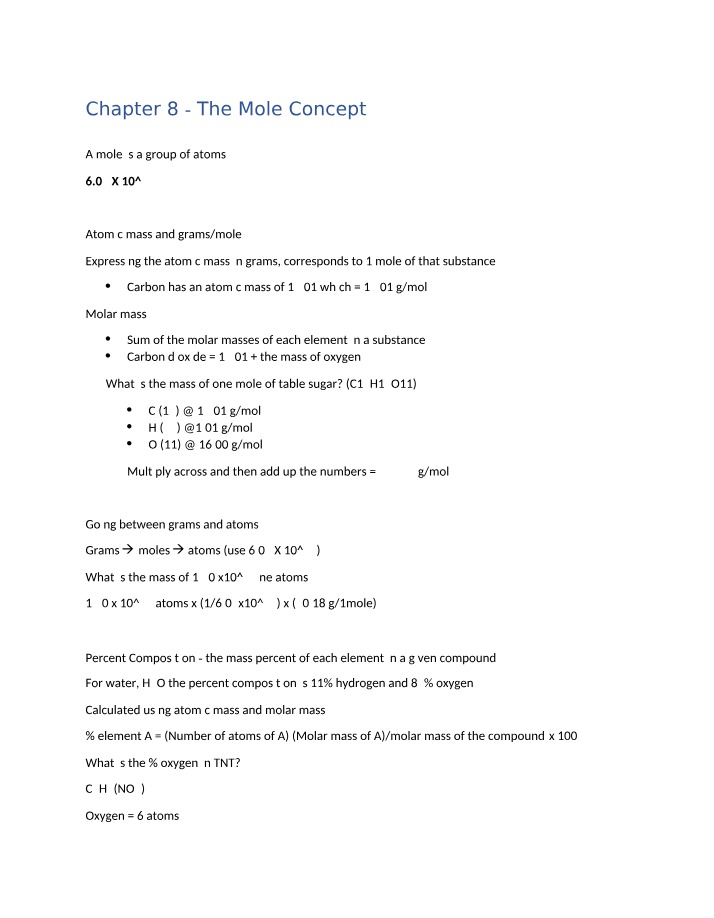 Calculations of Atoms and the Mole Concept