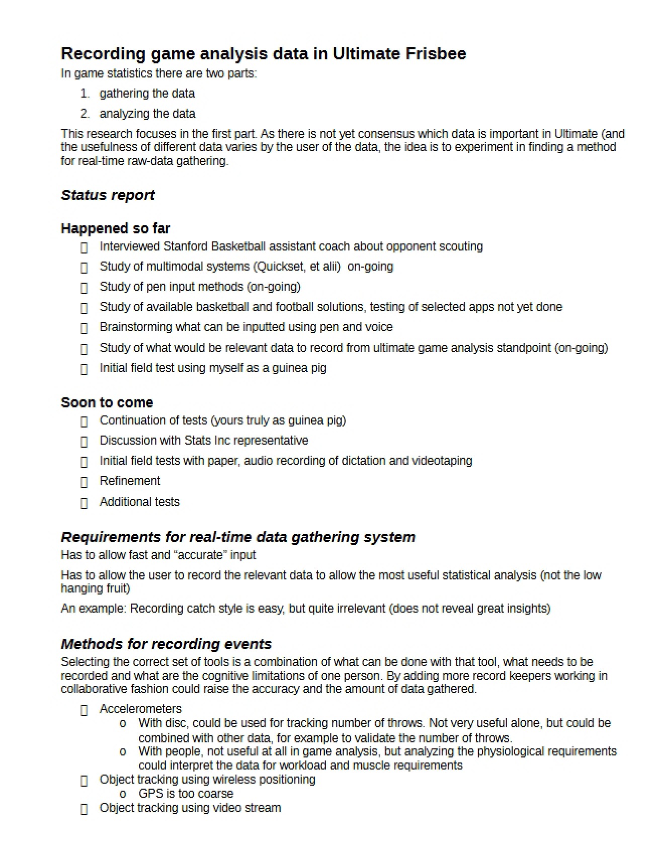 Recording Data for Game Analysis in Ultimate Frisbee