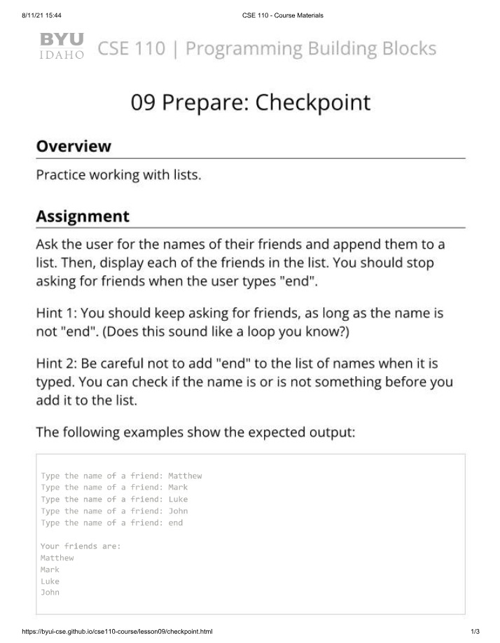 Lists Checkpoint - Append and Display Friends