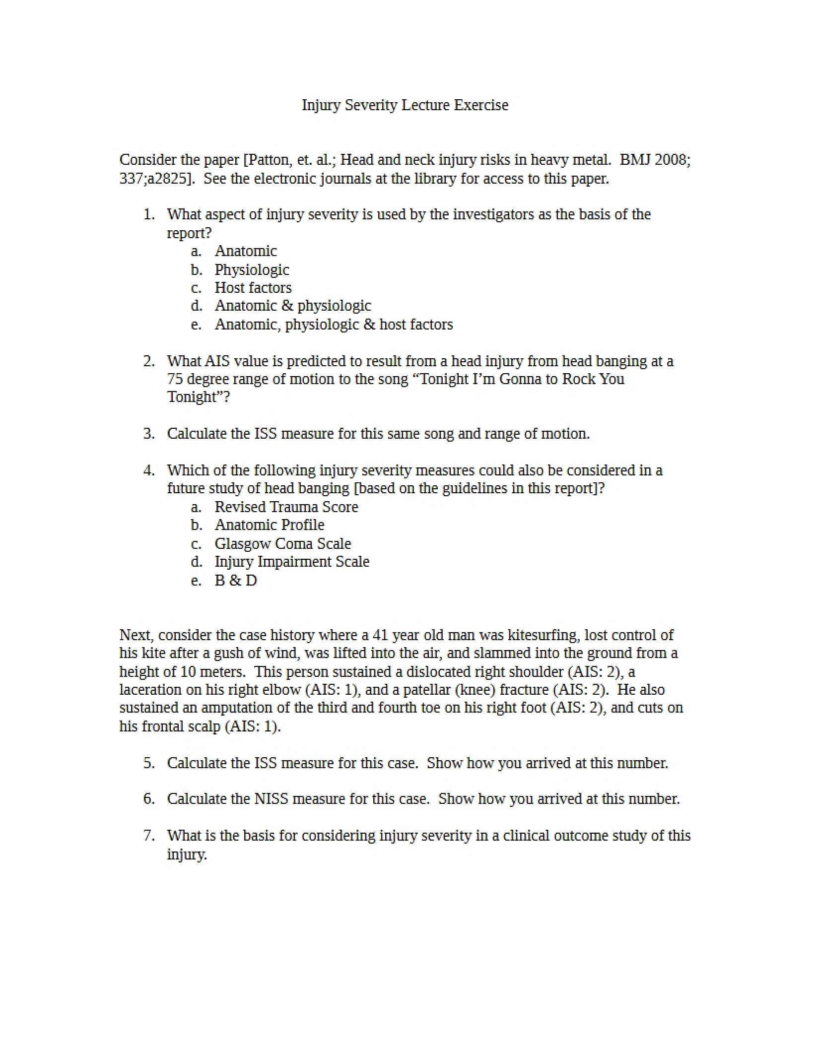 Exercise on Injury Severity