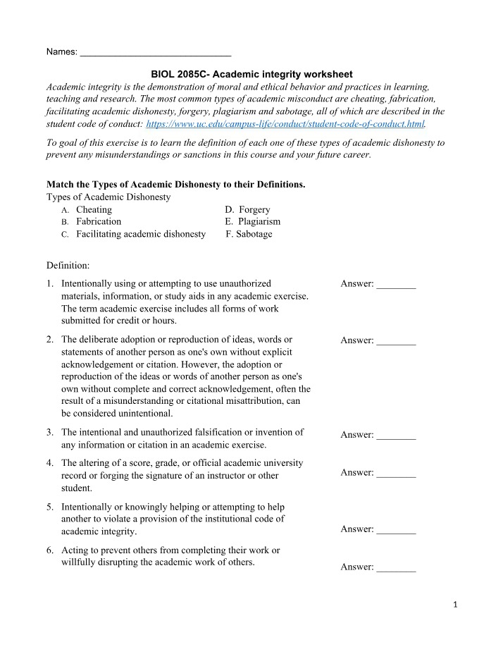 Worksheet on Academic Integrity