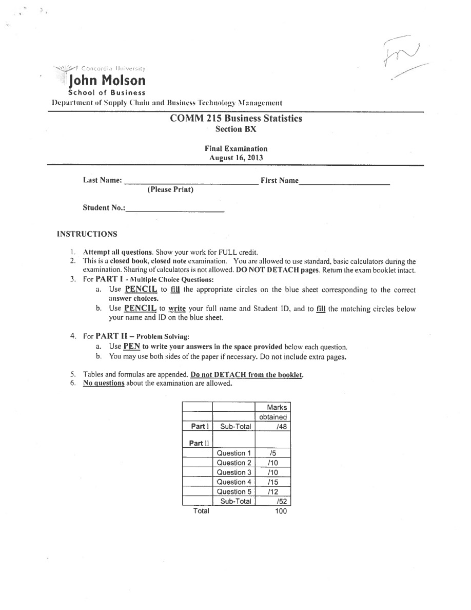 COMM 215 Business Statistics - Final Exam