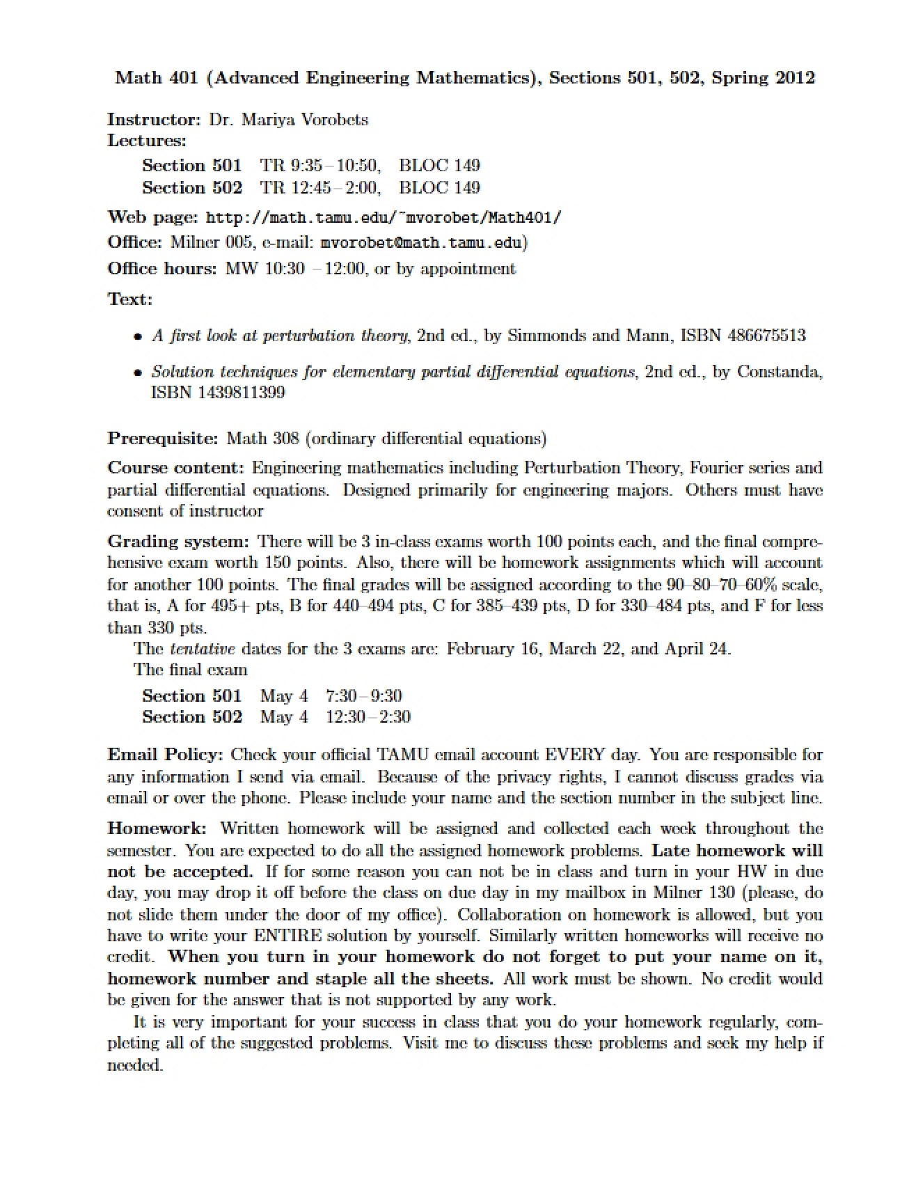 Course Syllabus for MATH 401