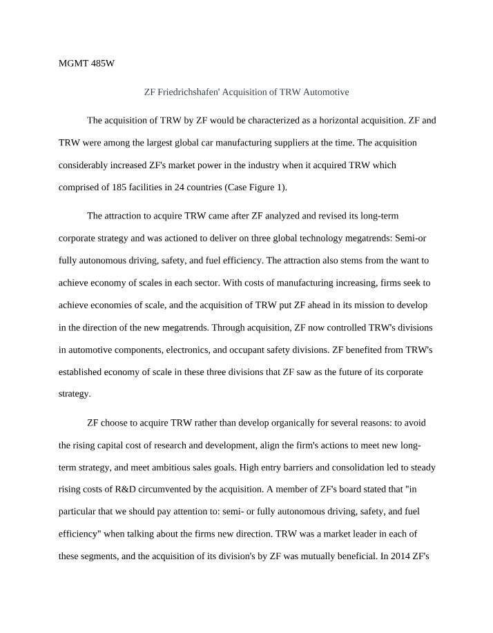 ZF Friedrichshafen Acquisition of TRW Automotive