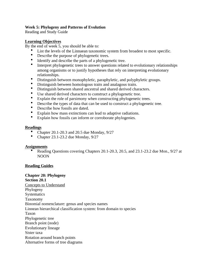 Study Guide for Phylogeny and Patterns of Evolution