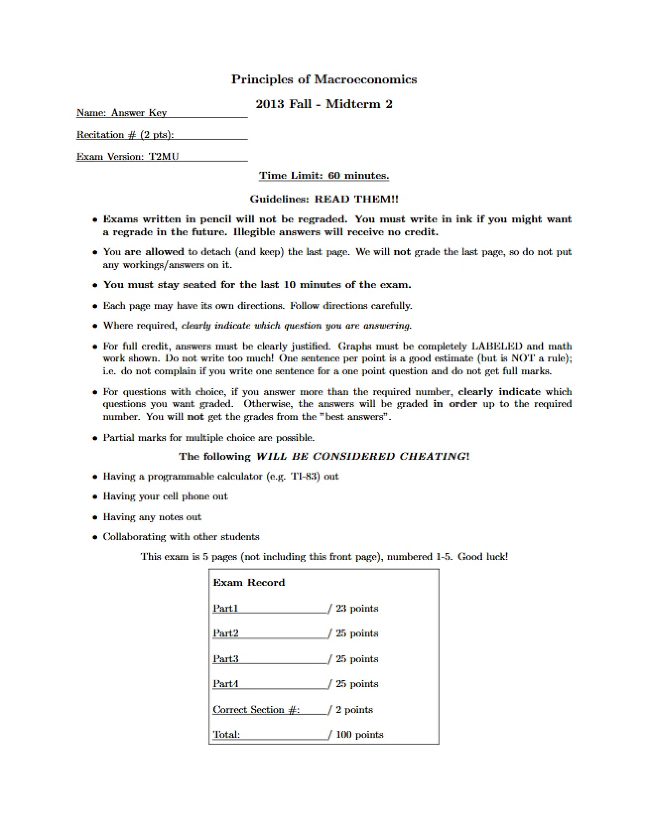 Answer Key for 2013 Make-Up Midterm T2