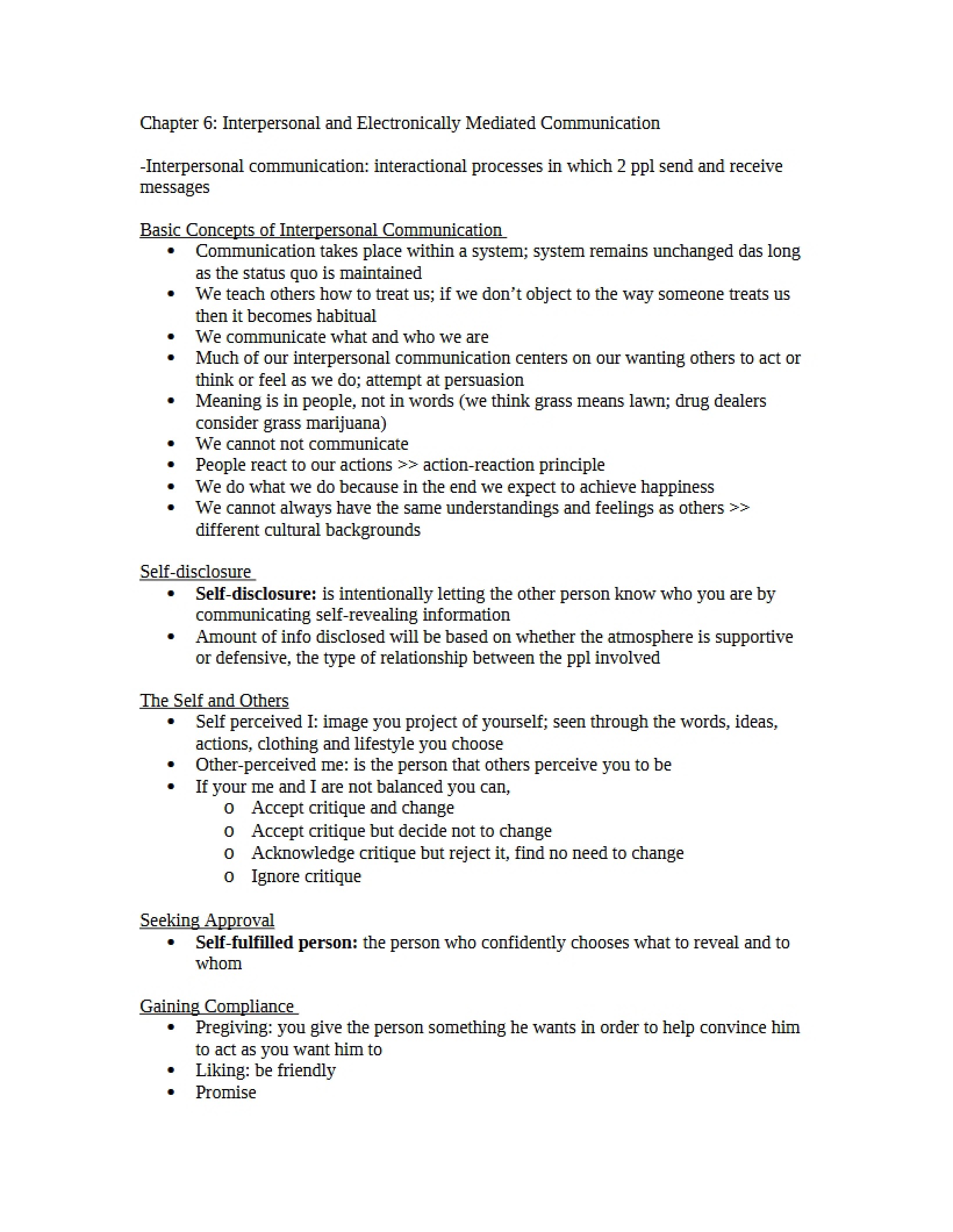 Interpersonal and Electronically Mediated Communication (Ch 6)