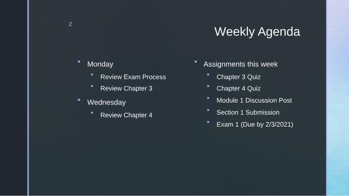 Weekly Agenda and Assignments for BUS 101
