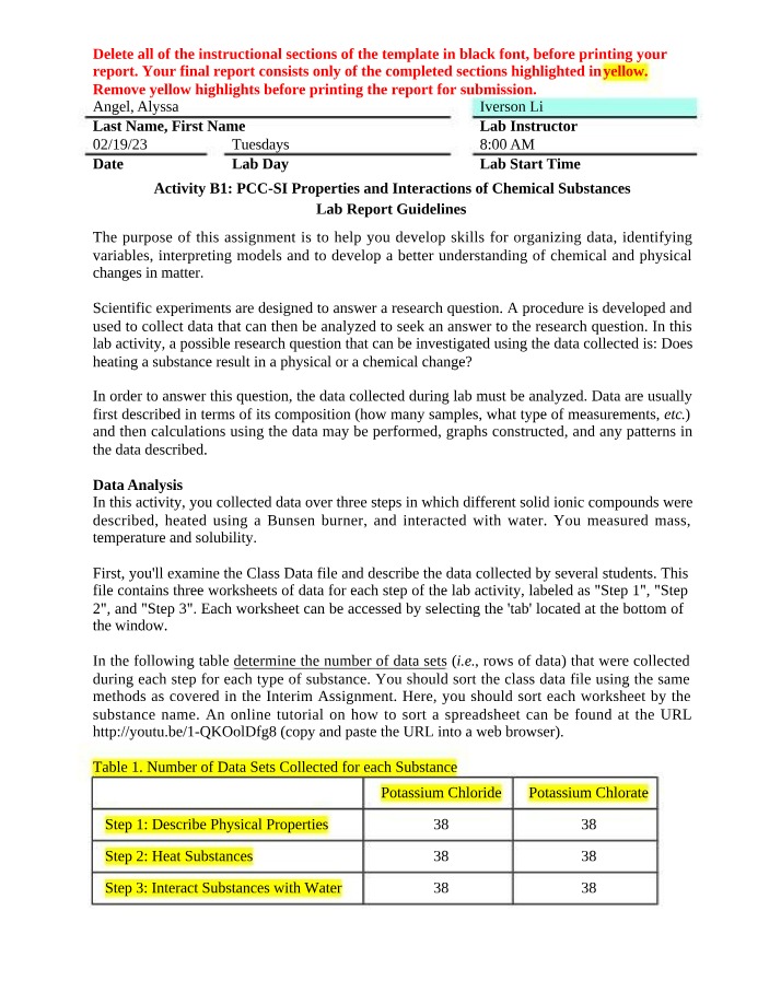 Data Analysis and Lab Report Guidelines for Chemical Substances