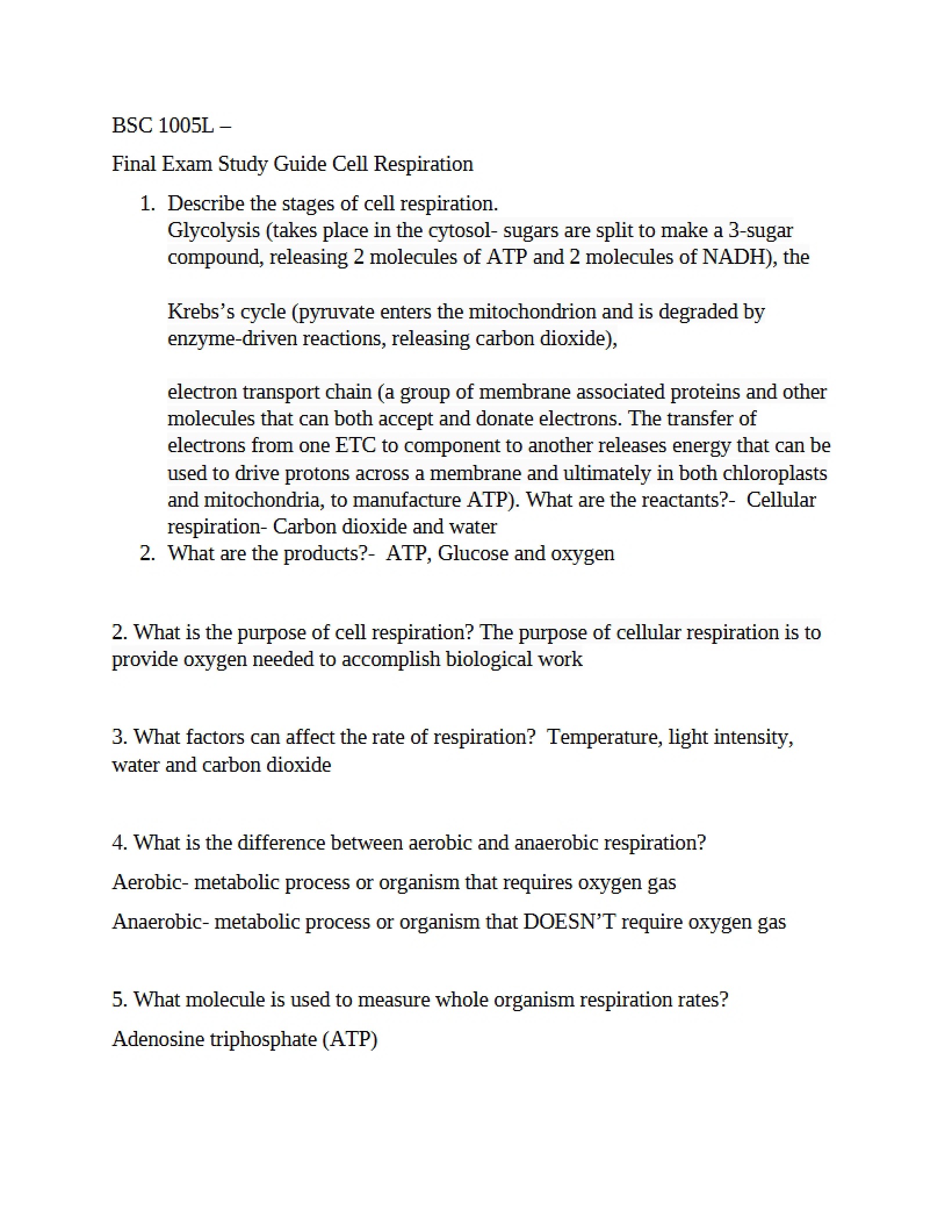 Cell Respiration Final Study Guide